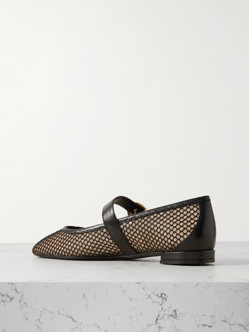 Arabella buckled leather-trimmed mesh Mary Jane flats