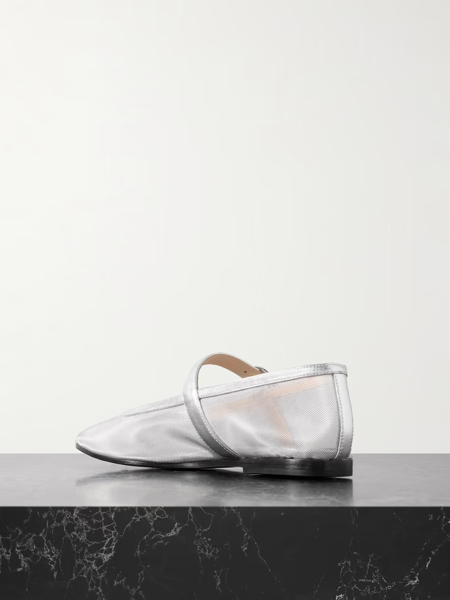 Metallic leather-trimmed mesh Mary Jane ballet flats