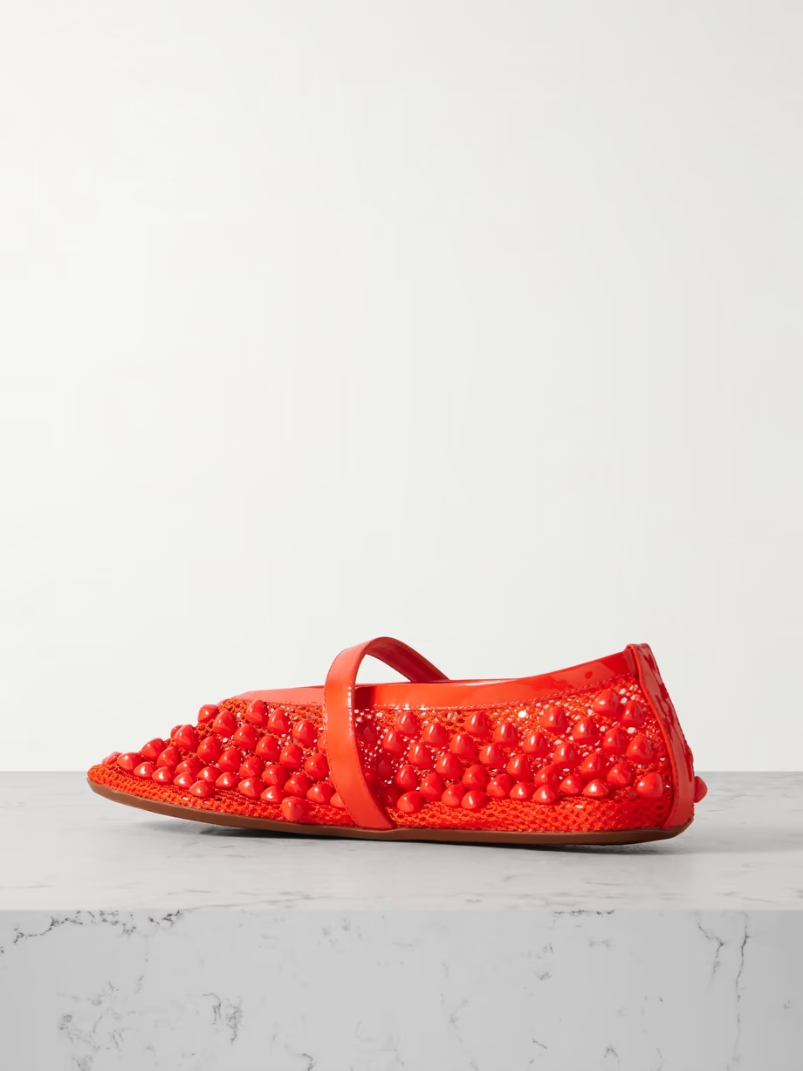 Patent leather-trimmed studded mesh ballet flats