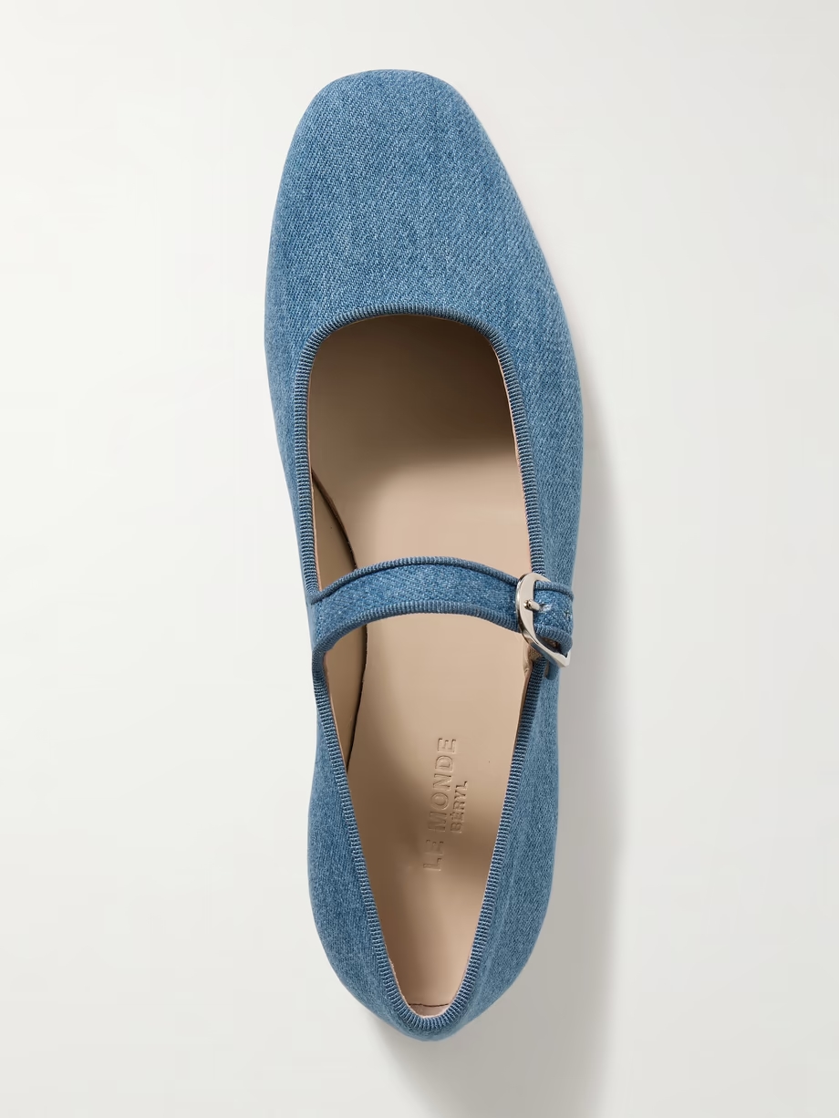 Grosgrain-trimmed denim Mary Jane ballet flats