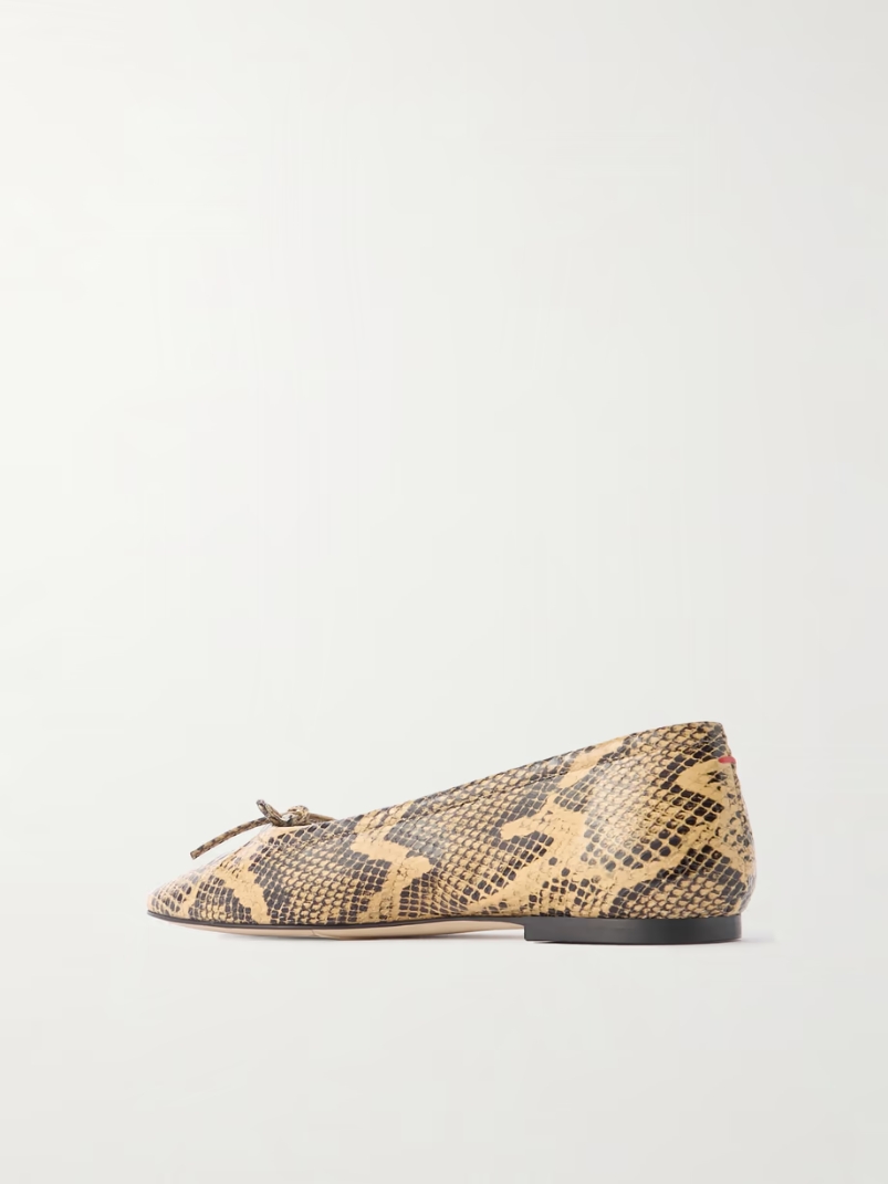 Delfina bow-detailed snake-effect leather ballet flats