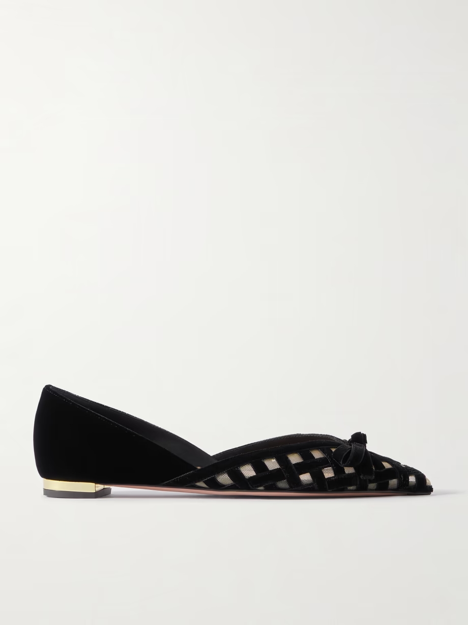 Romance bow-embellished mesh-trimmed velvet pointed-toe ballet flats