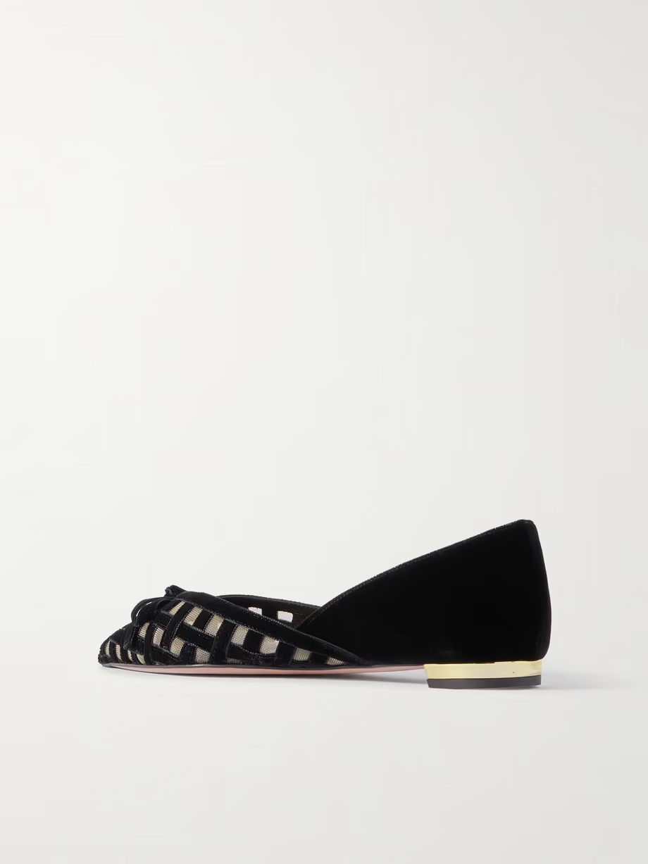 Romance bow-embellished mesh-trimmed velvet pointed-toe ballet flats