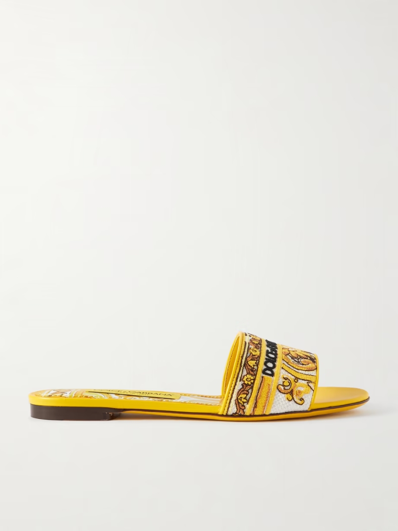 Maiolica Bianca embroidered leather-trimmed canvas slides