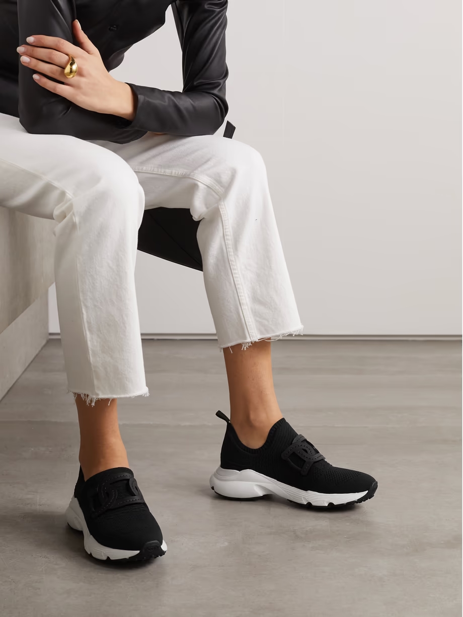 Leather-trimmed stretch-knit slip-on sneakers