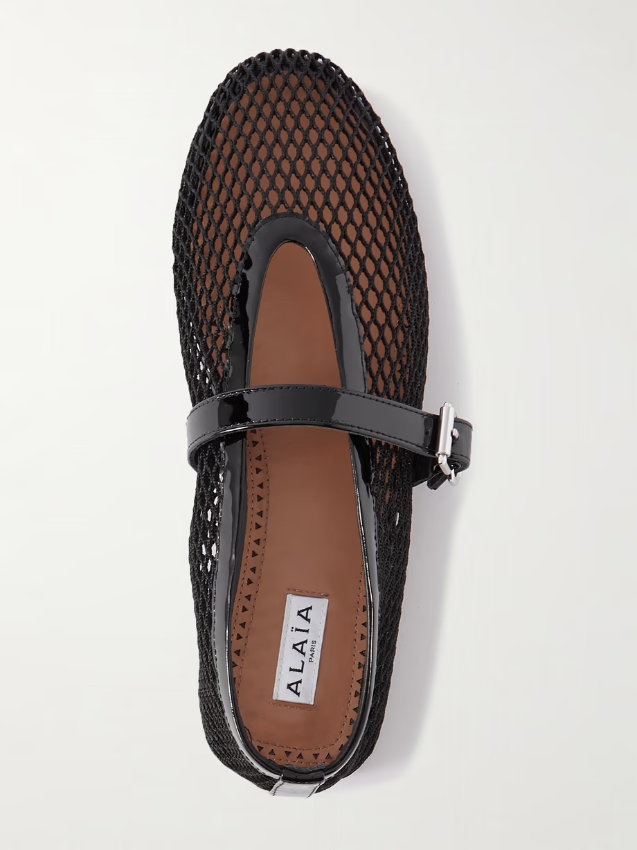 Patent leather-trimmed mesh ballet flats