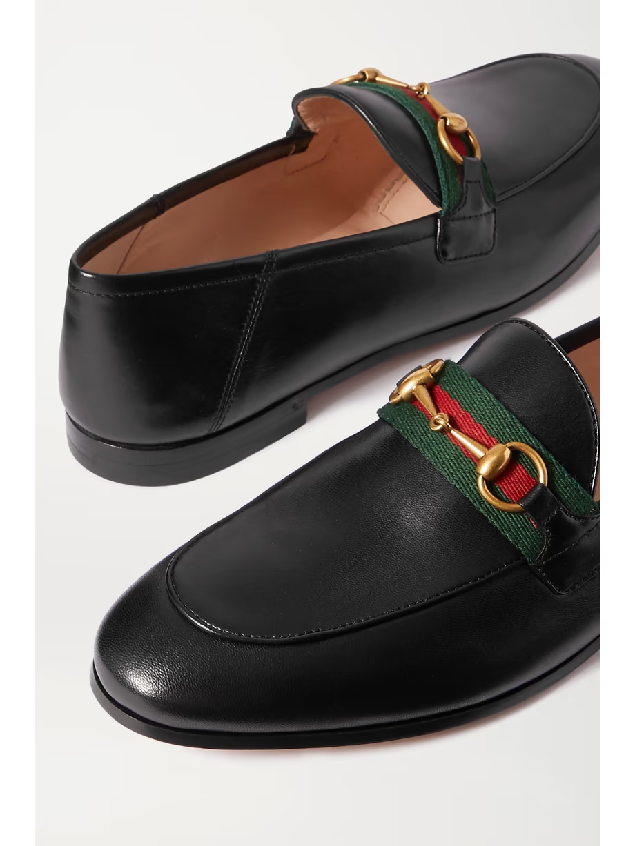 Brixton horsebit-detailed webbing-trimmed leather collapsible-heel loafers