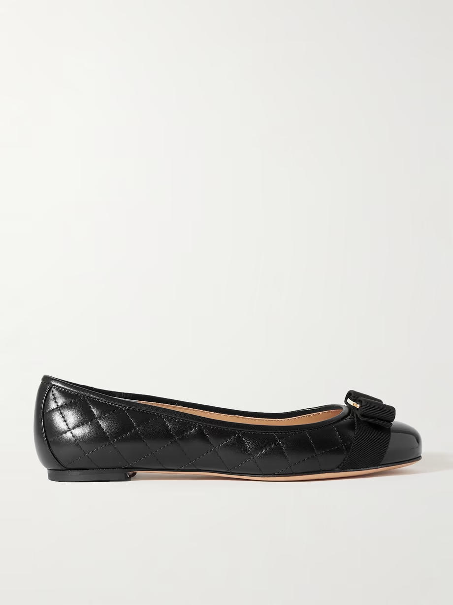 Varina bow-embellished quilted smooth and patent-leather ballet flats