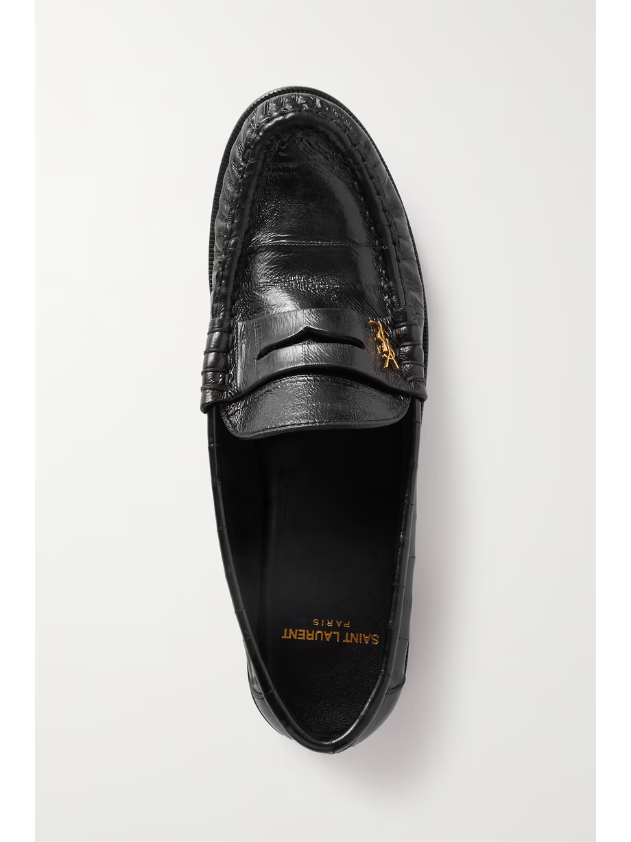 Logo-embellished glossed textured-leather penny loafers