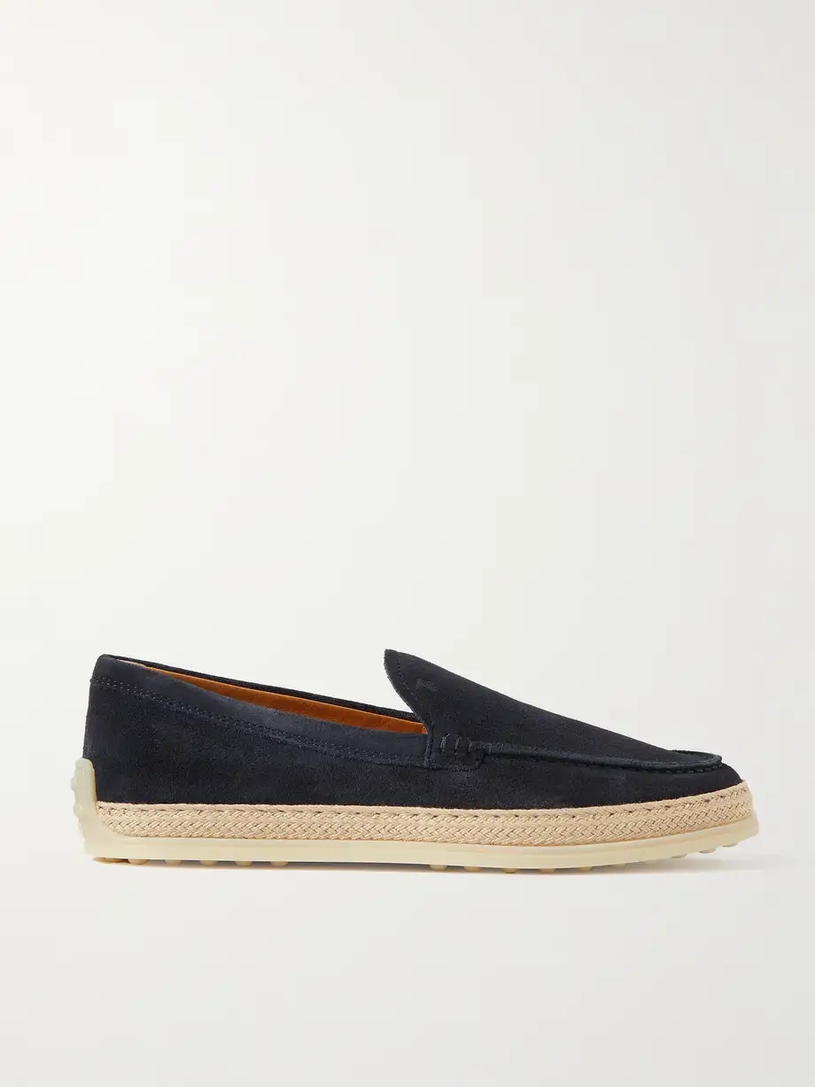 Raffia-trimmed suede loafers