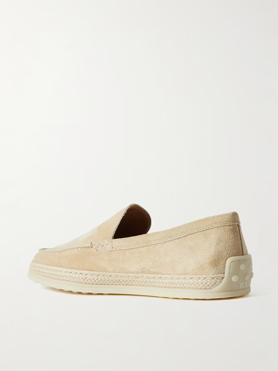 Raffia-trimmed suede loafers