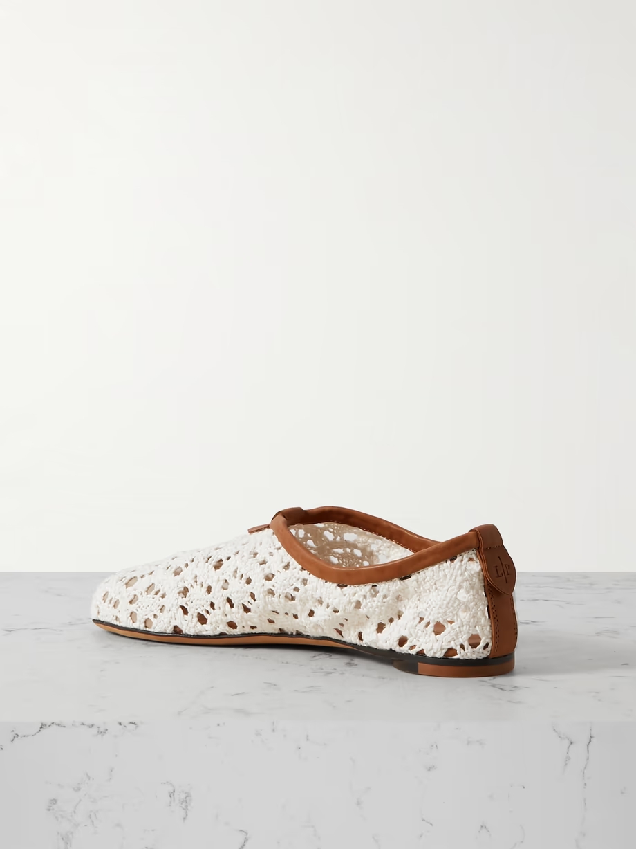 Floaty leather-trimmed macramé lace flats