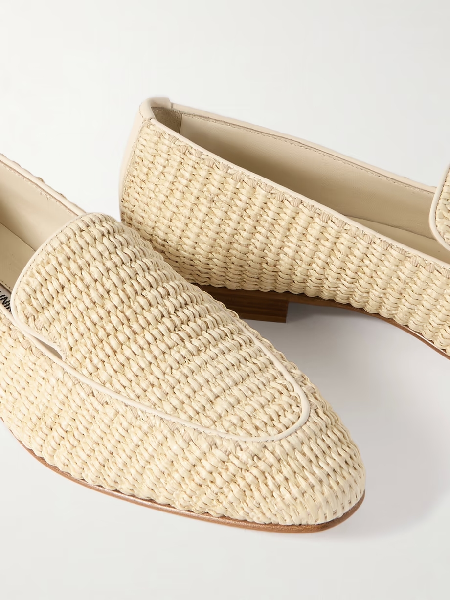 Pitakara leather-trimmed raffia loafers