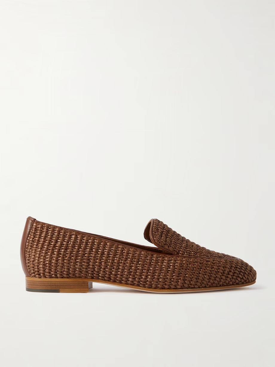 Pitakara leather-trimmed raffia loafers