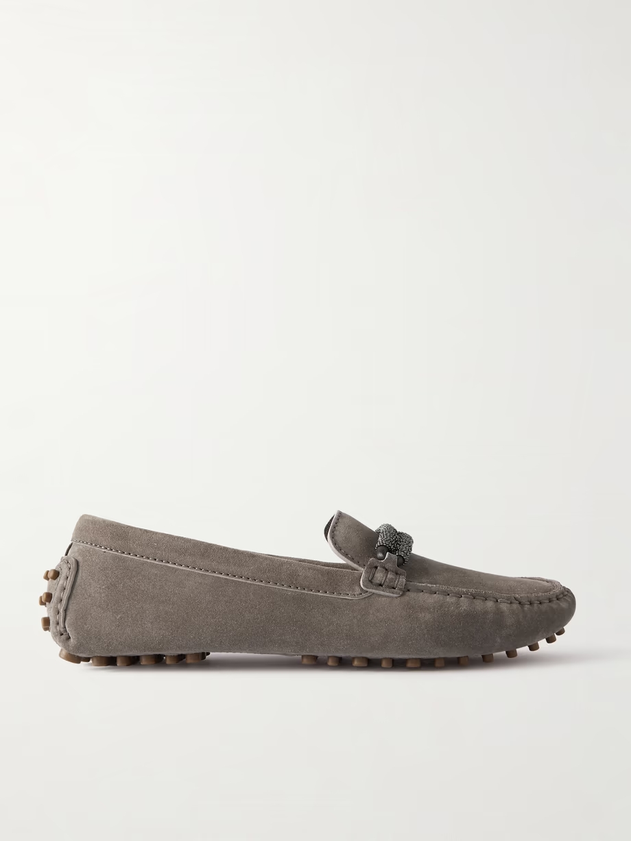 Bead-embellished suede loafers