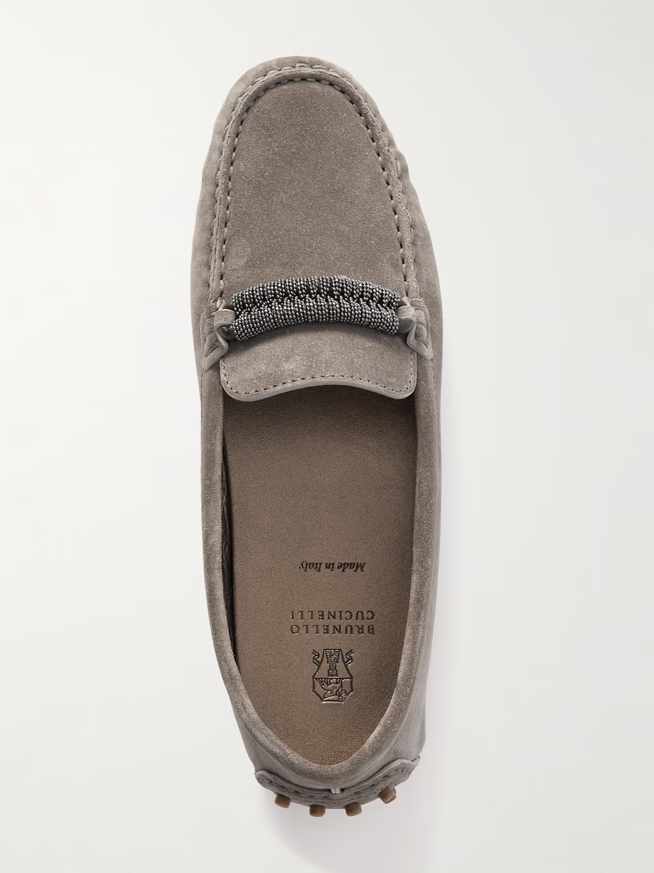 Bead-embellished suede loafers