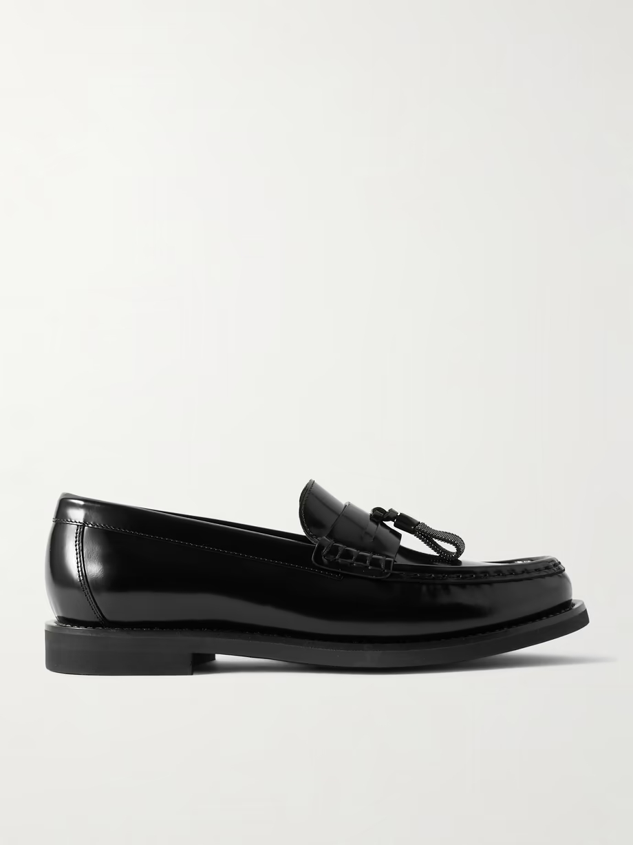 Bead-embellished tasseled glossed-leather loafers