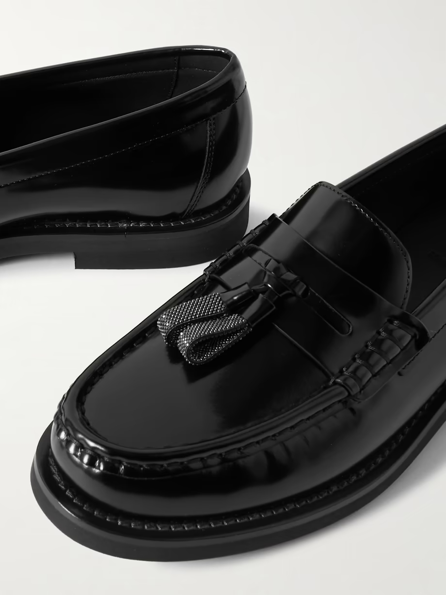 Bead-embellished tasseled glossed-leather loafers