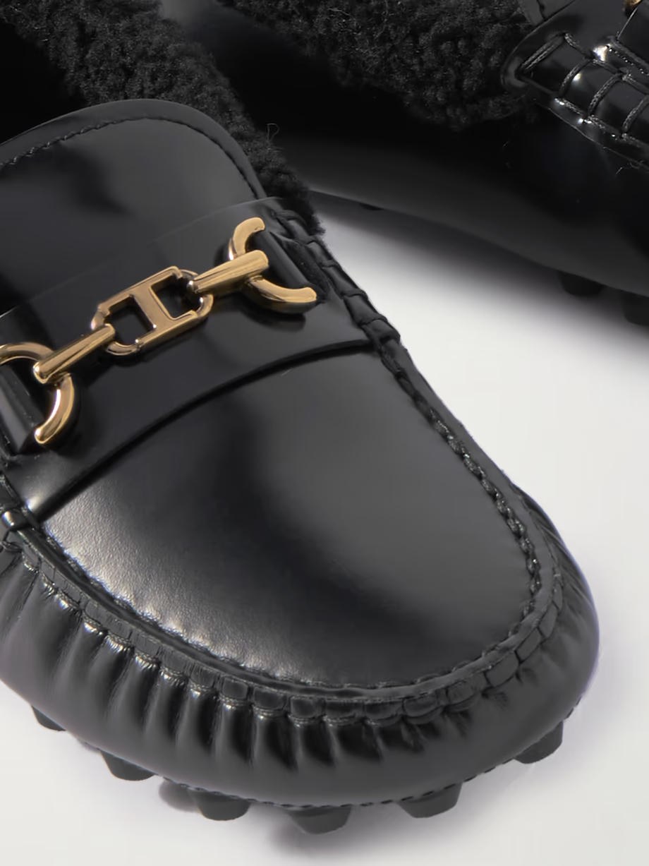 Gommino Macro embellished shearling-trimmed leather loafers