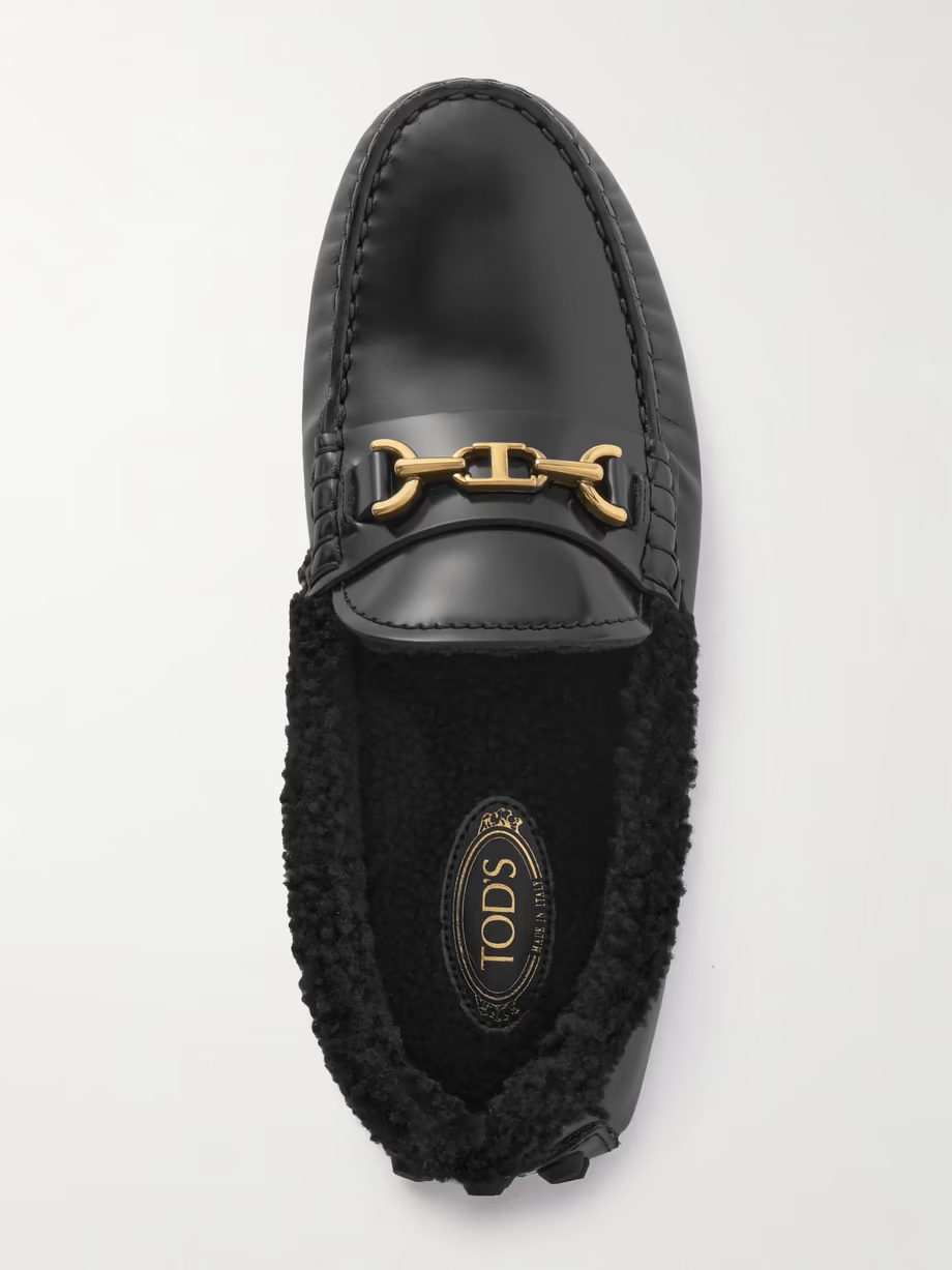 Gommino Macro embellished shearling-trimmed leather loafers