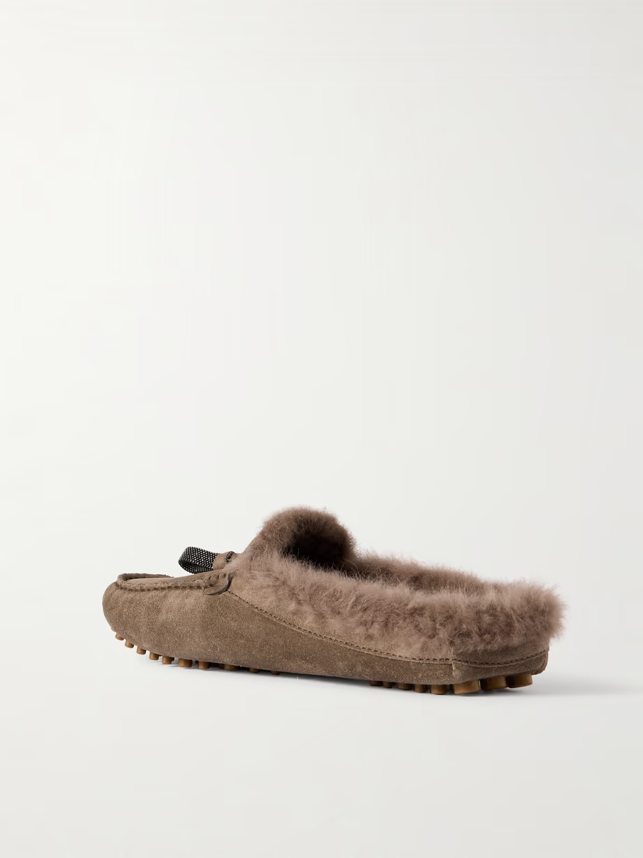 Tasseled shearling-lined suede slippers