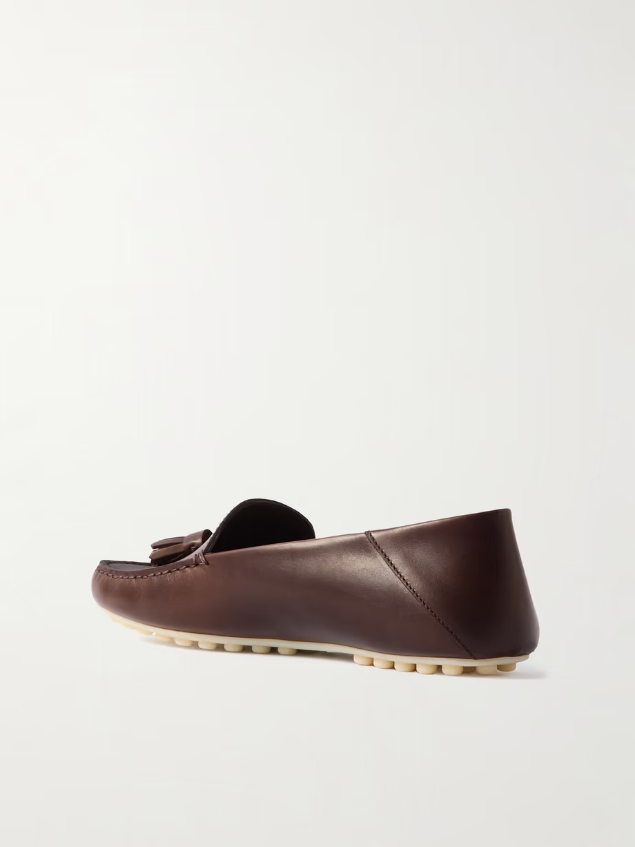 Tasseled leather collapsible-heel loafers