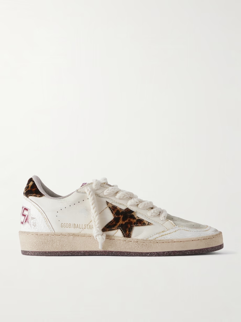 Ballstar calf hair-trimmed distressed leather and suede sneakers