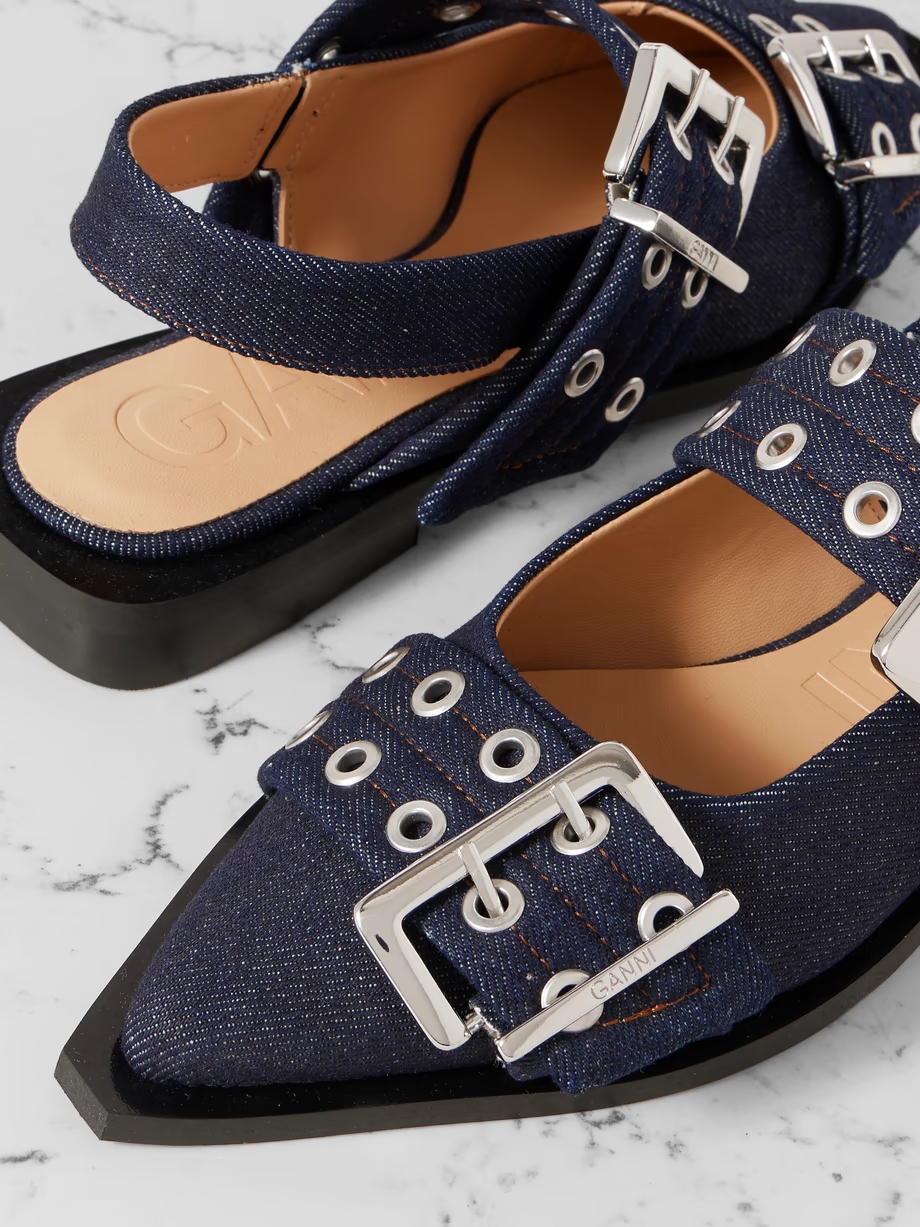 Buckled eyelet-embellished recycled denim ballet flats