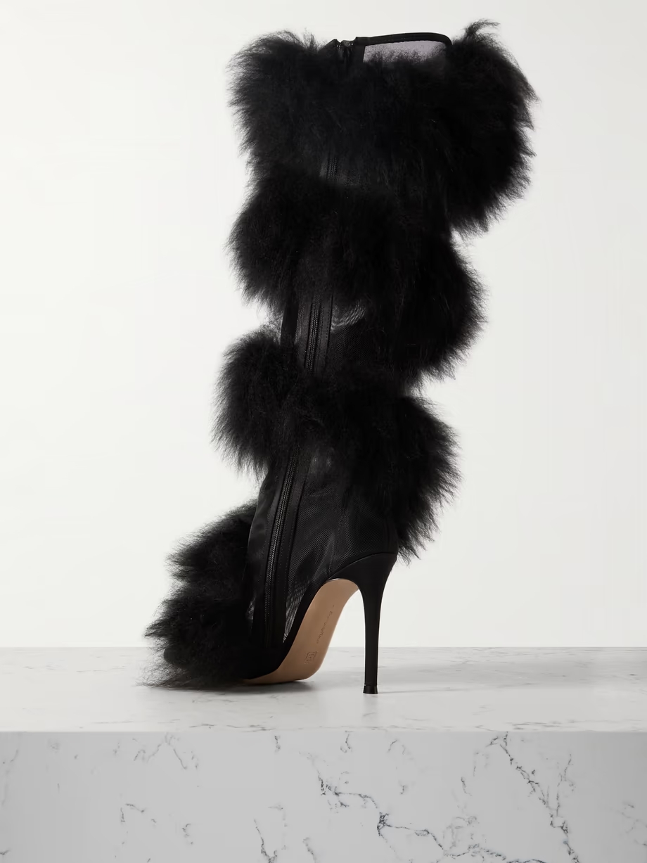 Faux fur-trimmed mesh and satin knee boots