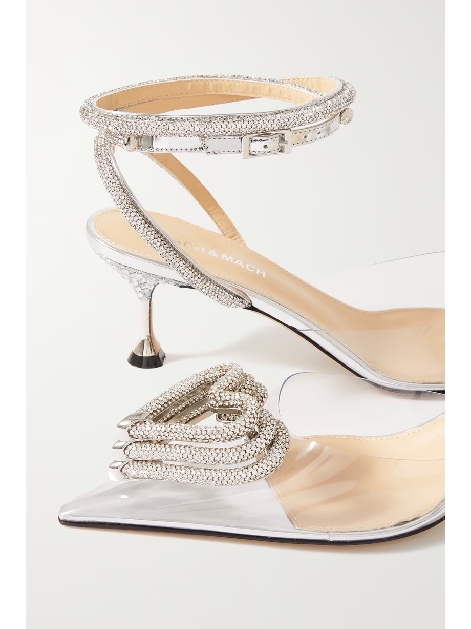 Triple Heart crystal-embellished PVC and metallic leather pumps