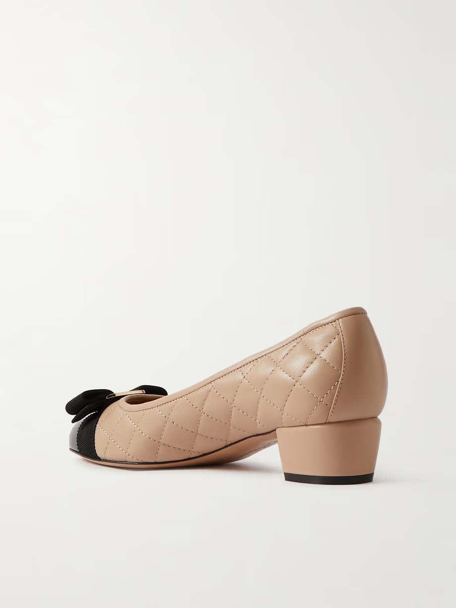 Vara embellished patent-trimmed quilted leather pumps