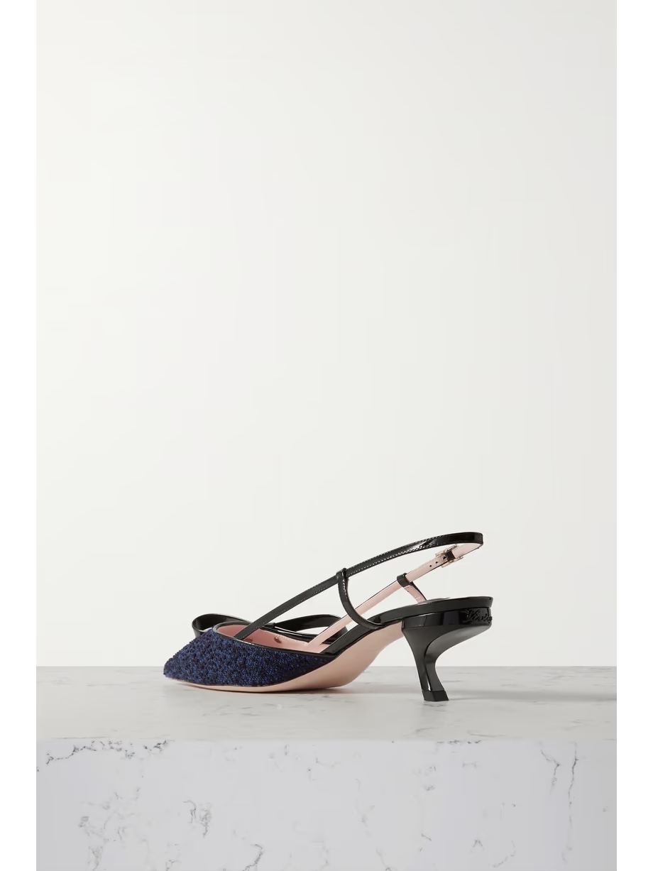 Virgule patent-leather and bouclé-tweed slingback pumps