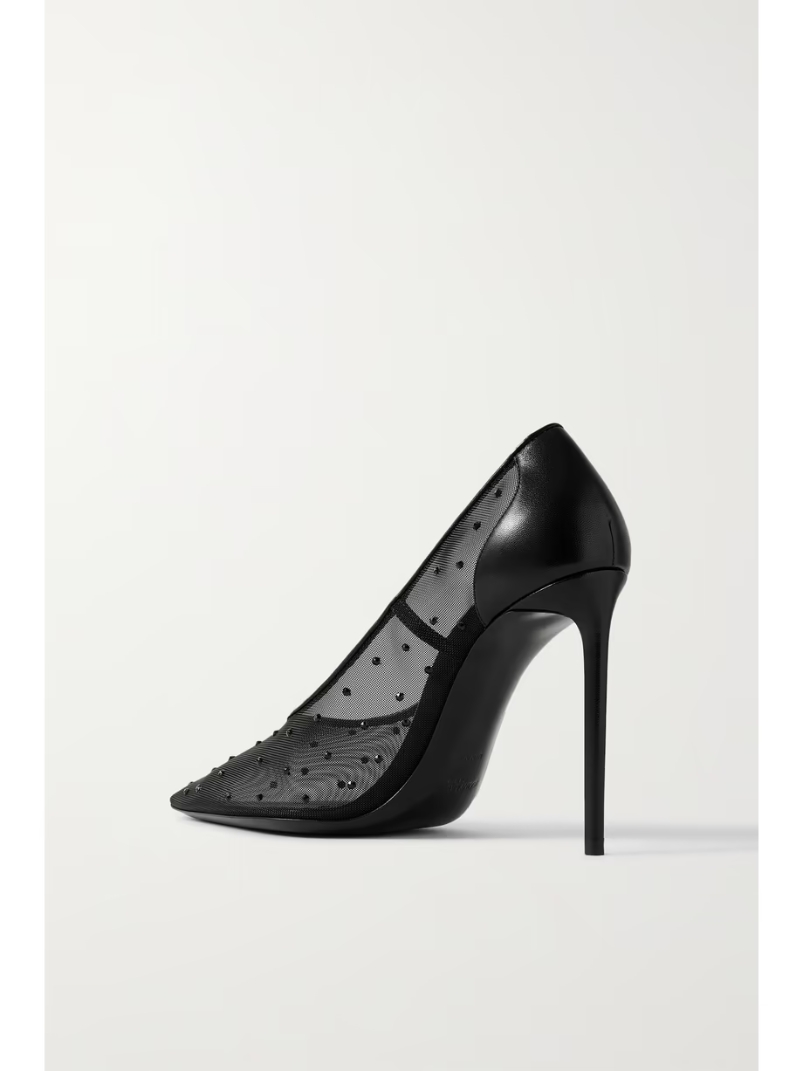 Anja leather-trimmed crystal-embellished mesh pumps