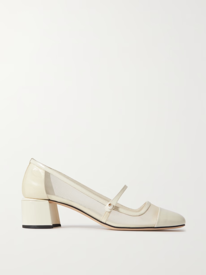 Elisa 45 embellished patent-leather and mesh Mary Jane pumps