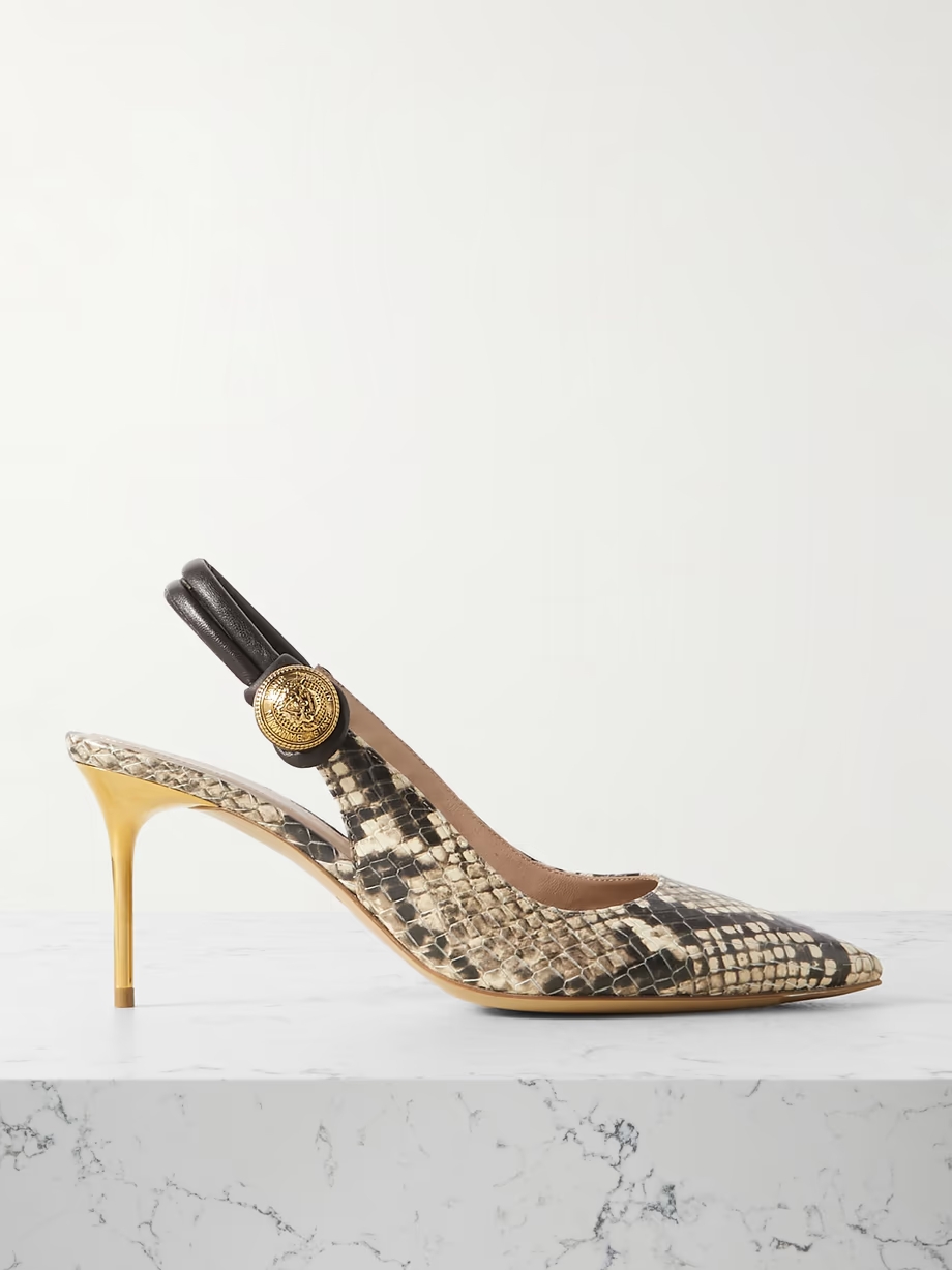 Alma embellished snake-effect leather slingback pumps