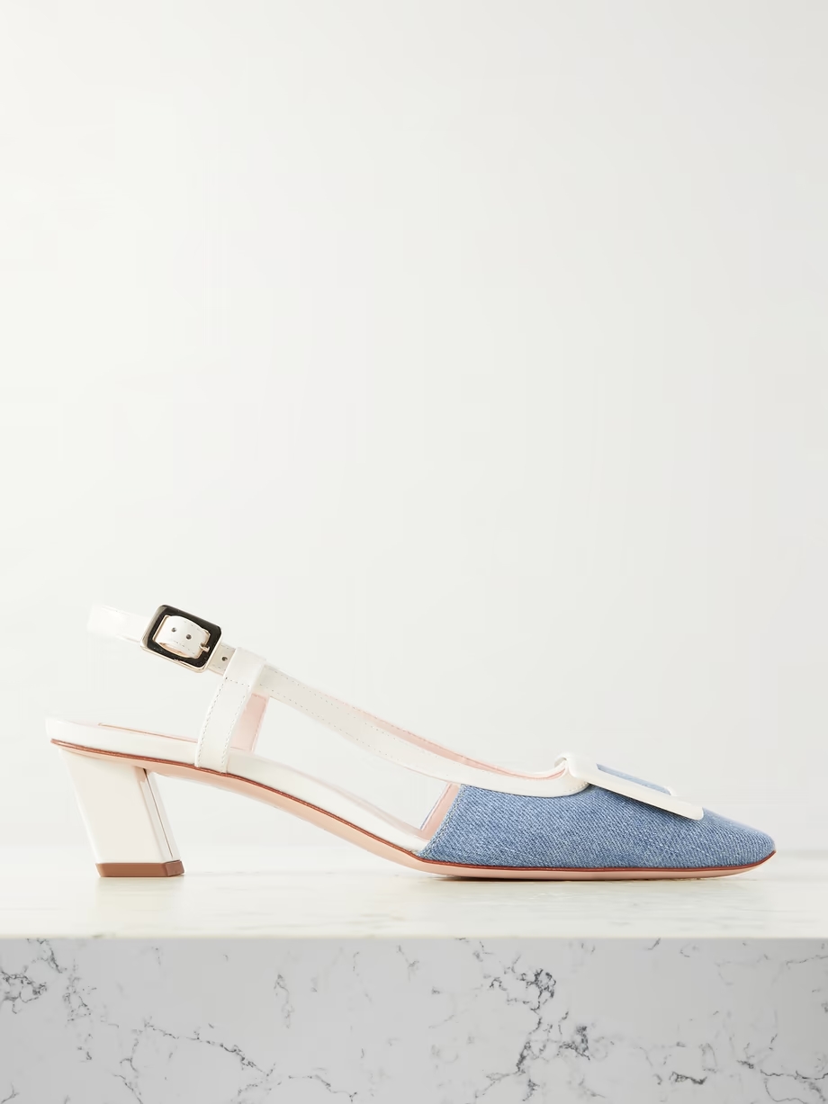 Belle Vivier patent-leather and denim slingback pumps