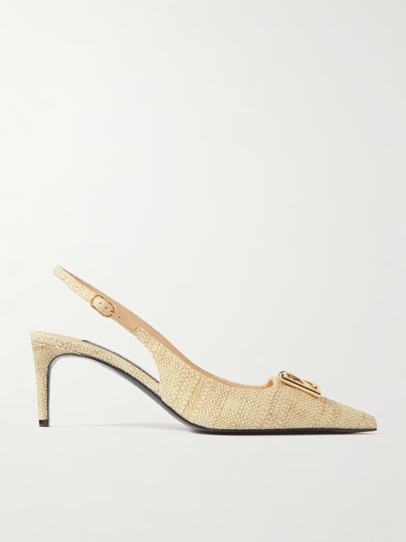 Logo-embellished raffia slingback pumps