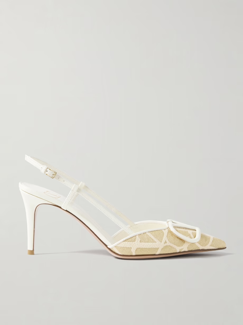 VLOGO 80 embellished leather-trimmed raffia-jacquard slingback pumps