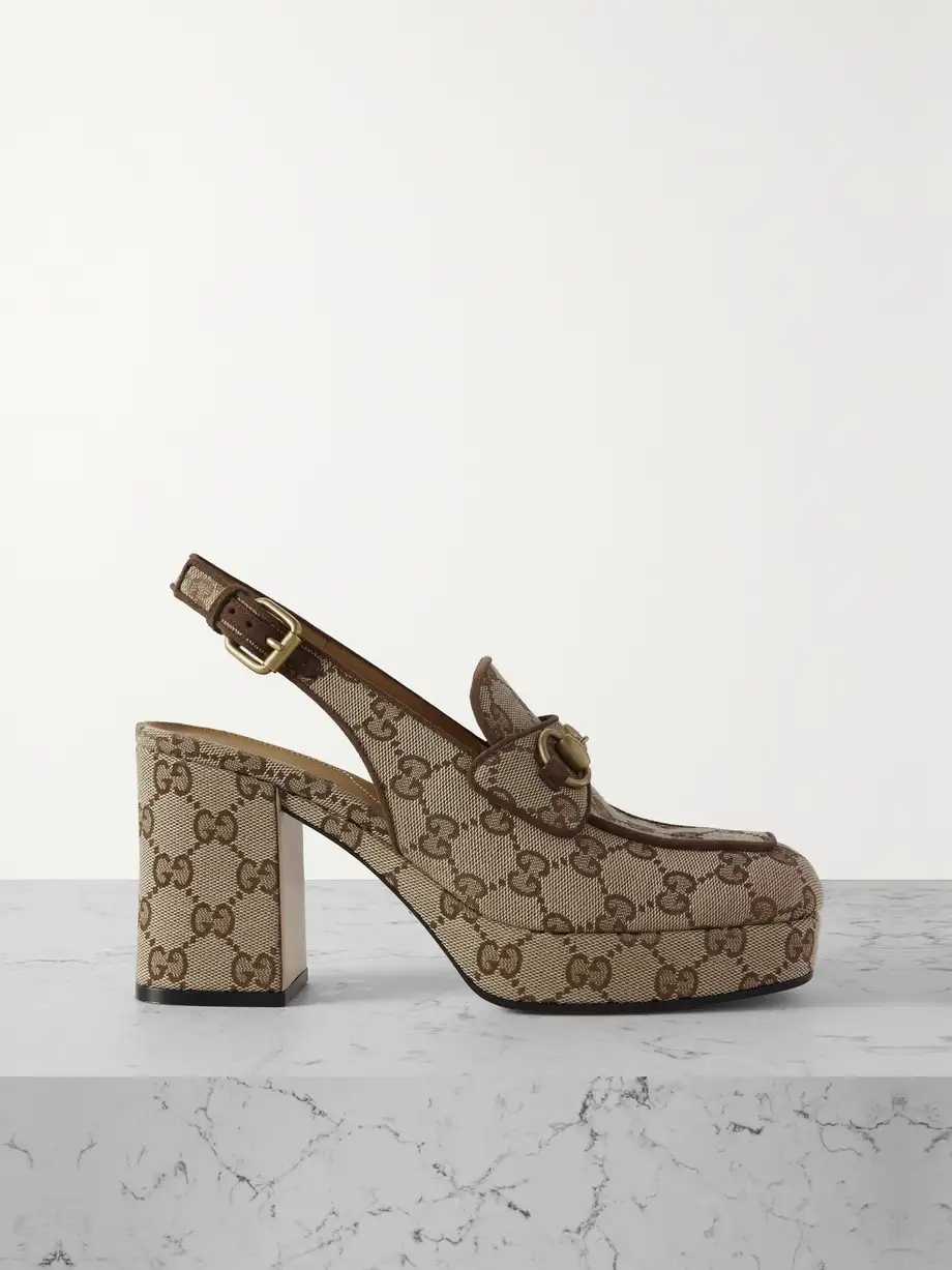 Lady horsebit-detailed suede-trimmed canvas-jacquard slingback platform pumps