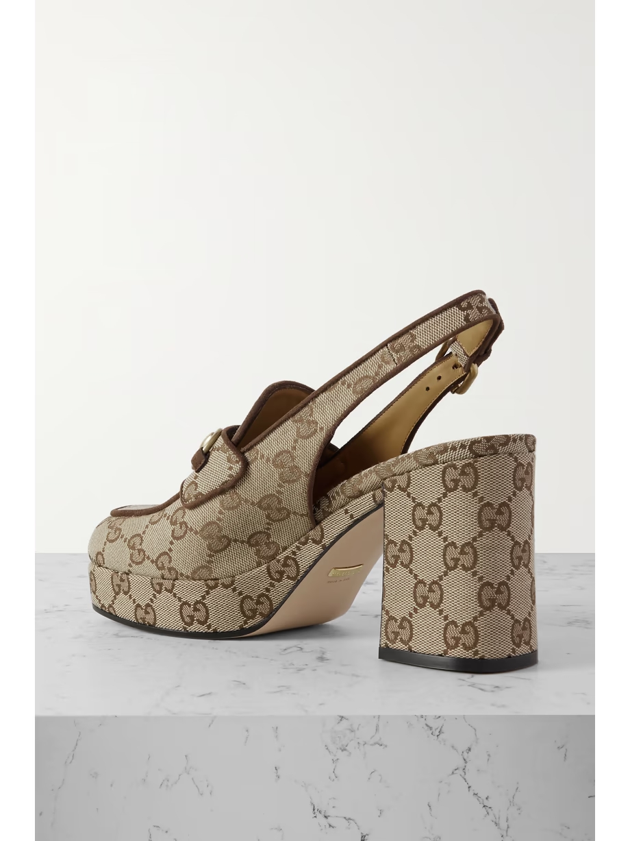 Lady horsebit-detailed suede-trimmed canvas-jacquard slingback platform pumps