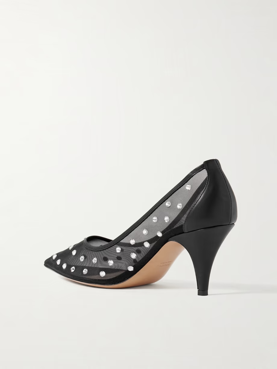 River Iconic leather-trimmed crystal-embellished mesh pumps