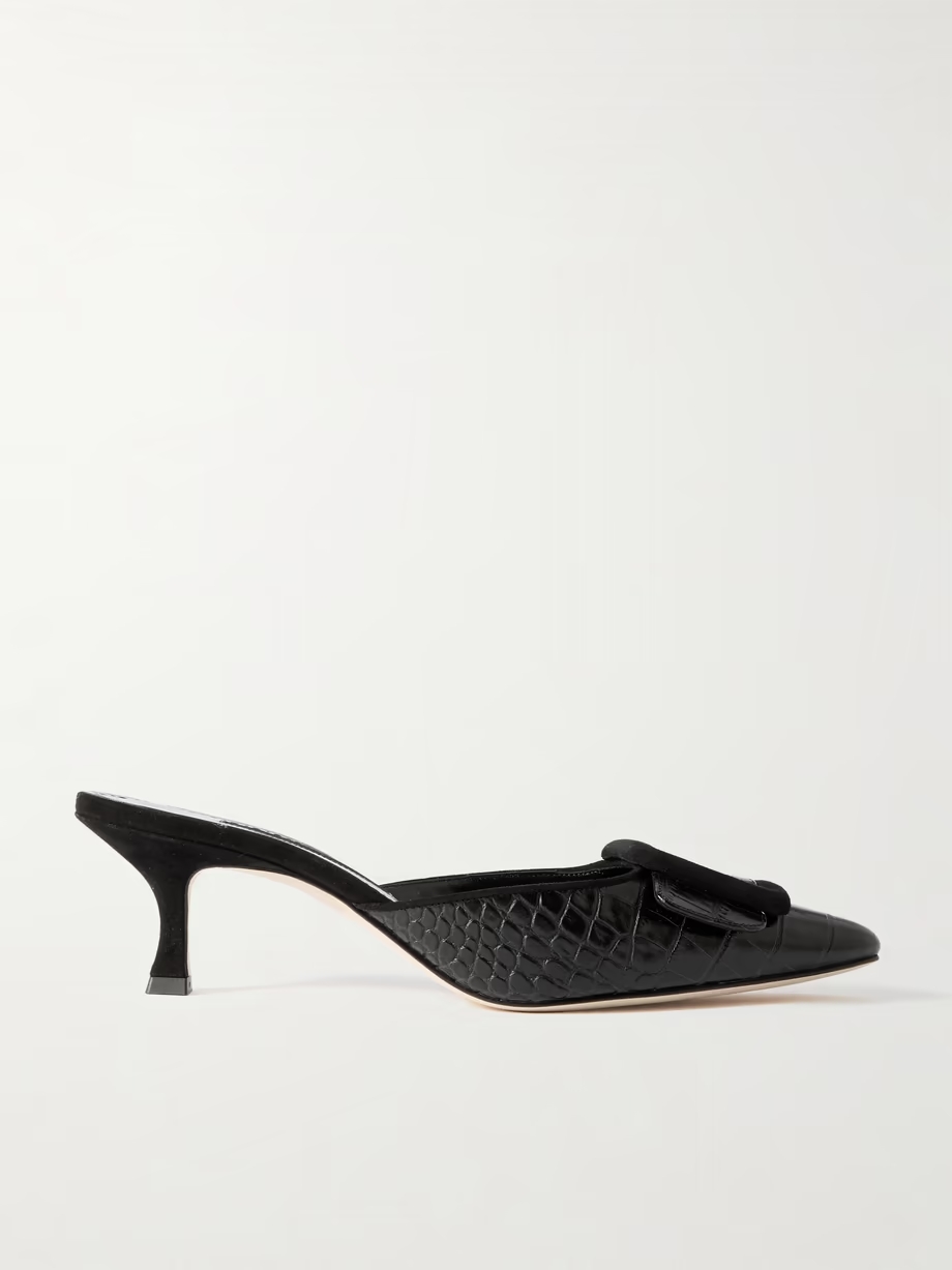 Maysalebi 50 suede-trimmed croc-effect leather mules