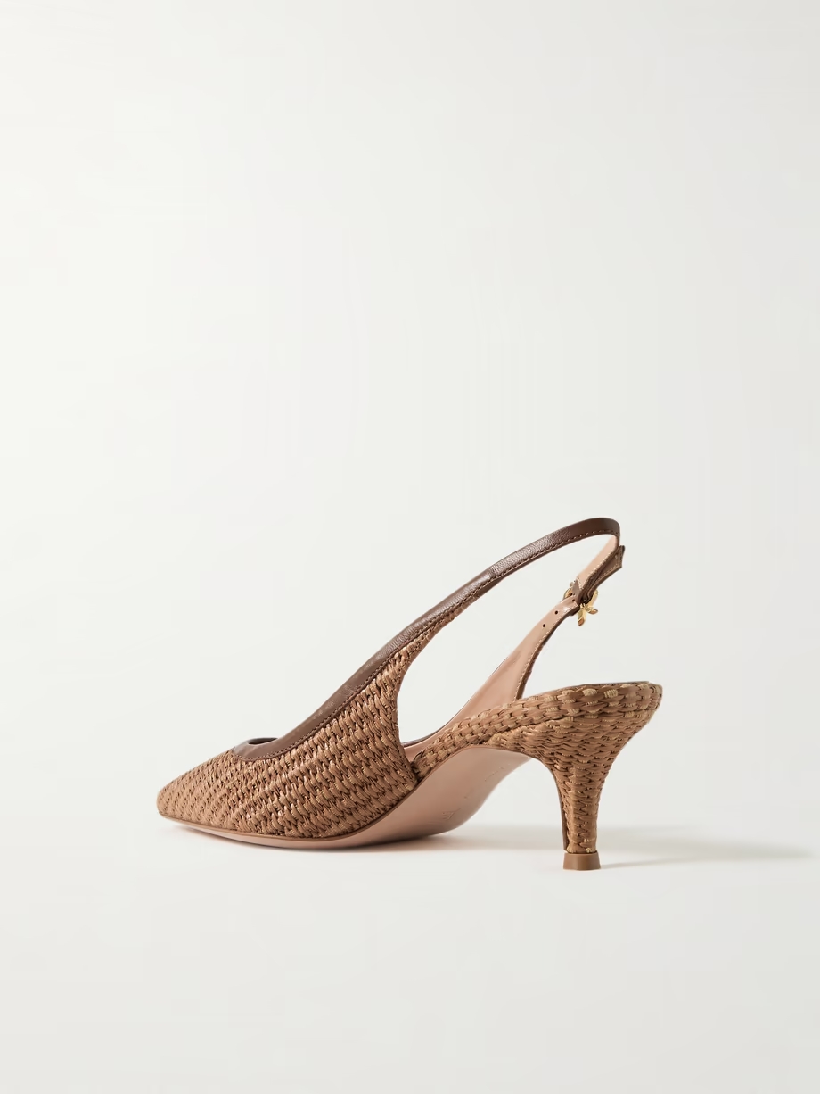 Marbella 55 leather-trimmed raffia slingback pumps