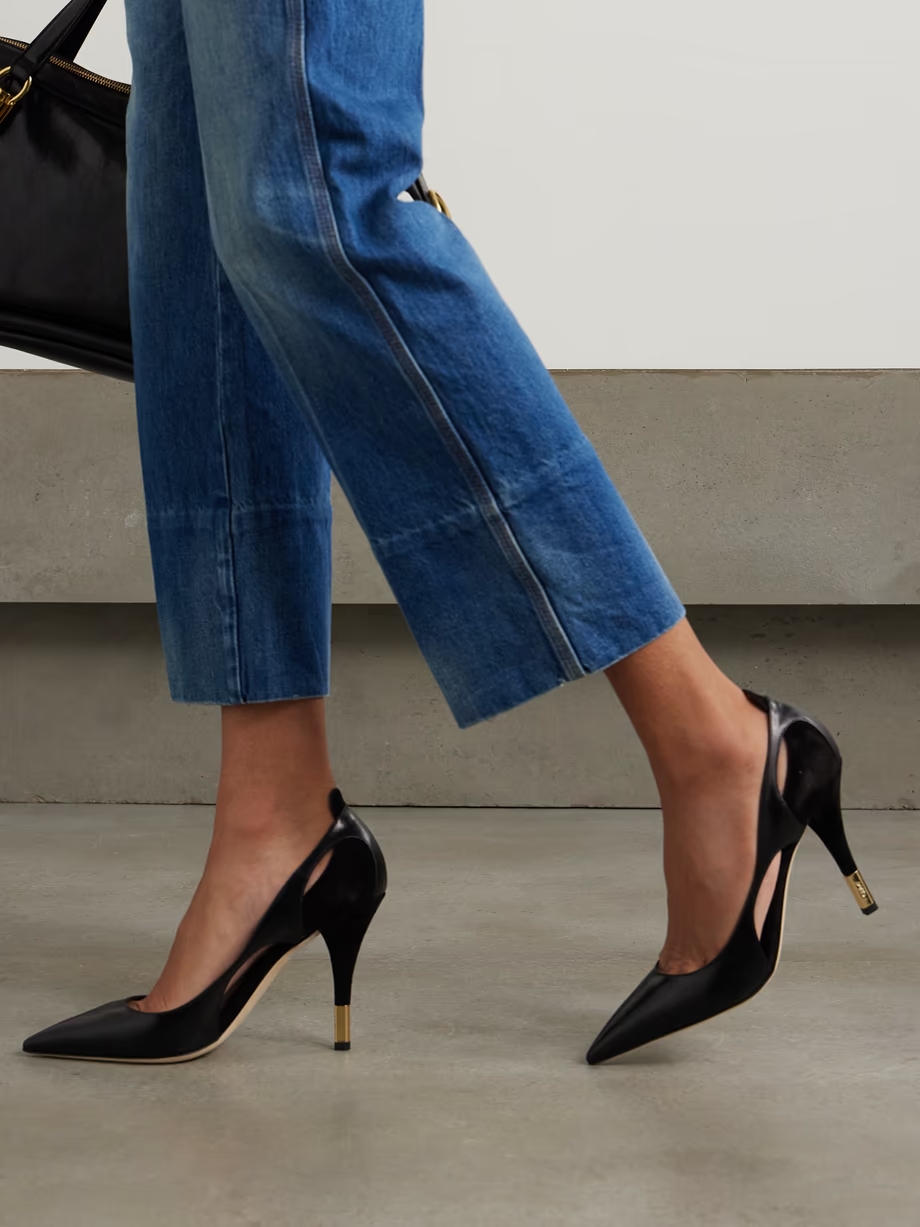 Saada cutout suede-trimmed leather pumps