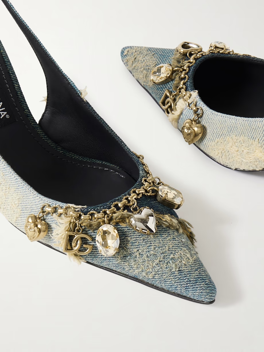 Embellished frayed distressed denim slingback pumps