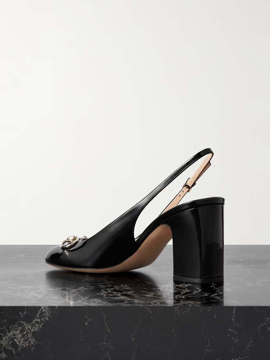 Lady horsebit-embellished patent-leather slingback pumps