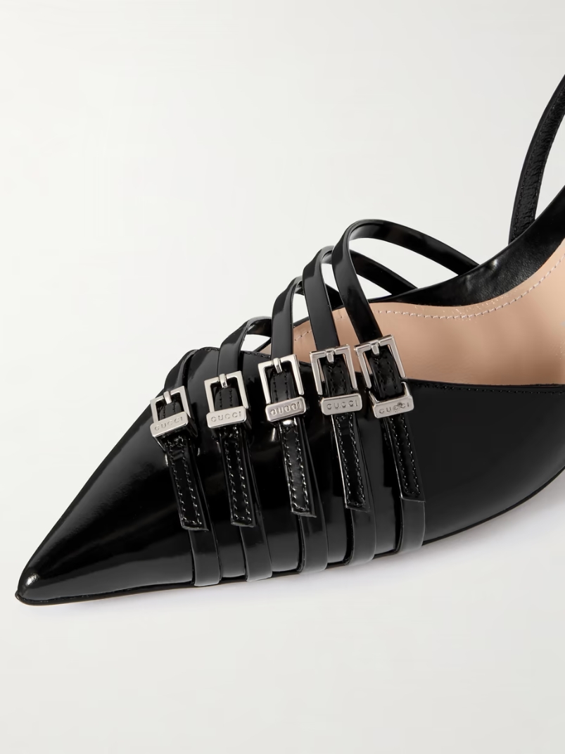 Seraphine buckled patent-leather slingback pumps