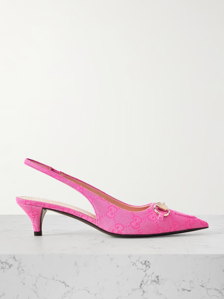 Erin horsebit-detailed canvas-jacquard slingback pumps