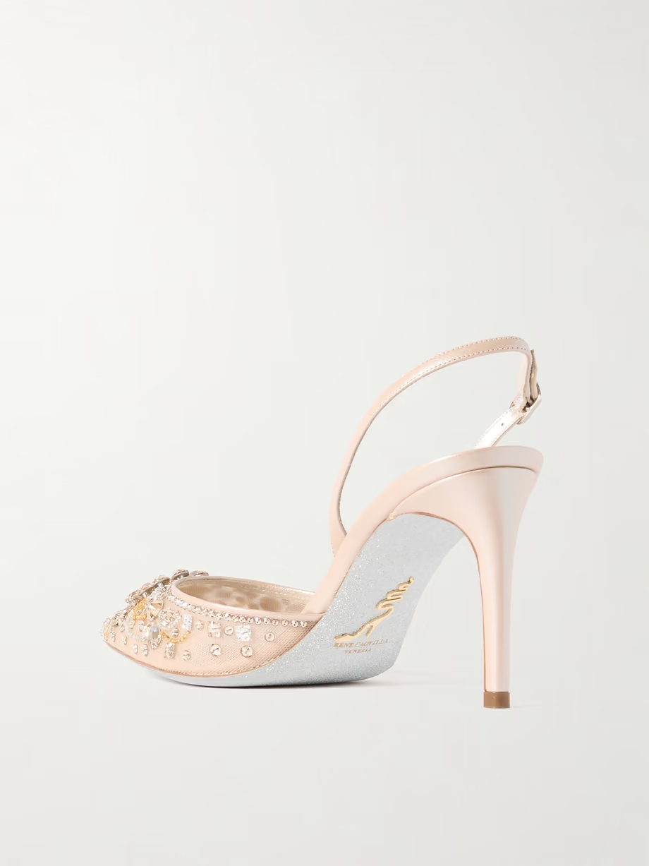 Crystal-embellished leather and tulle slingback pumps