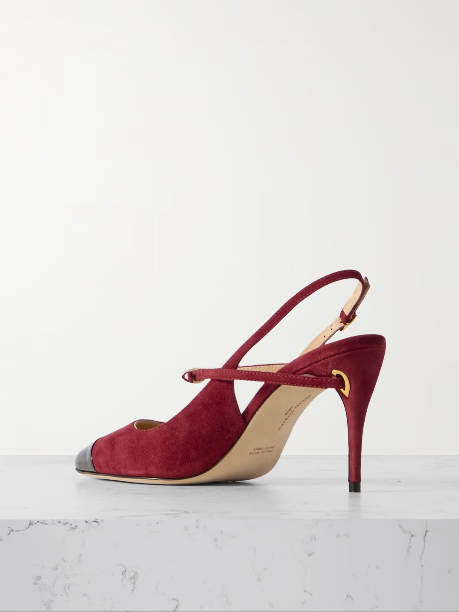 Edoardo 85 patent leather-trimmed suede slingback pumps